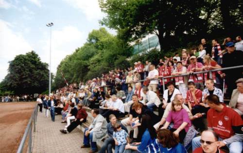 Wartberg-Stadion Alzey - Im Vordergrund die Sitzreihen, dahinter die Stehstufen